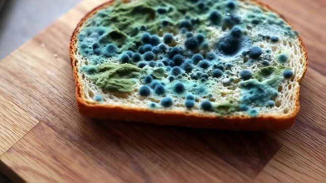 A slice of bread covered in blue-green mold on a wooden surface
