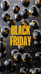 Elegant Black Friday social media post design featuring bold yellow text with glossy black balloons decorated with gold percentage symbols on a dark background in 3D rendering