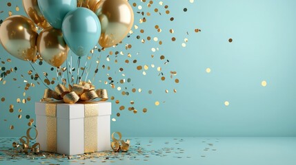 Elegant Gift Box with Balloons and Confetti on a Teal Background.