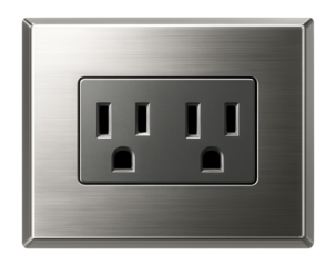 Sleek stainless steel power outlet for apartment living room with two standard sockets.