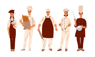 Chef set. Men and women in chef's uniforms stand tall. Chefs with different equipment. Flat vector illustration isolated on white background. Bakery and cooking professional specialists.