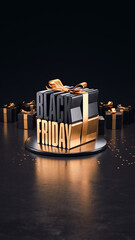Luxurious Black Friday social media post design with black and gold gifts and the bold text forming a large gift box on a dark background in 3D illustration