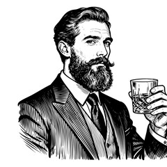 Bearded Gentleman with Whiskey Glass Engraving Vector Illustration