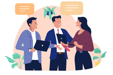 Small business team og businesspeople stands together, engaged in a work discussion with laptops and speech bubbles talking about work project in a flat design vector illustration