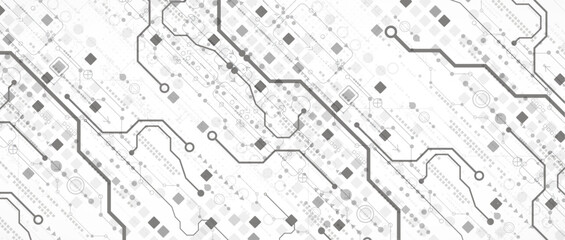 Technological background in gray colors. Used technical lines and a pattern of squares with different shades of gray.