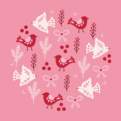 Christmas greeting card with birds, berries, fir branches and bows on pink background. Circle ornament. Perfect for seasonal decorations. Vector hand drawn illustration