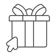 Present box with bow and mouse pointer thin line icon, cyber monday concept. Vector graphics. Box with cursor, gift sign on white background, outline style icon for mobile or web design.