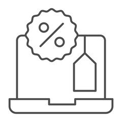 Laptop with sticker and price tag thin line icon, cyber monday concept. Vector graphics. Notebook computer with discount sign on white background, outline style icon for mobile or web design.