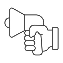 Hand with loudspeaker thin line icon, cyber monday concept. Vector graphics. Horn tool in hand, voice action sign on white background, outline style icon for mobile or web design.