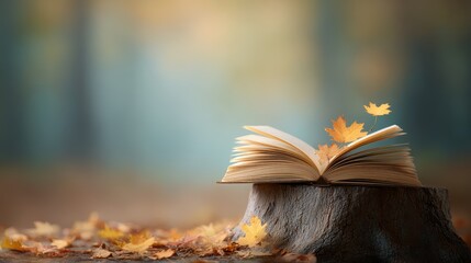 Open Book Autumn Leaves, Reading in Nature Concept
