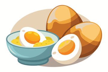 Boiled eggs sit in a blue bowl alongside two brown whole eggs depicted vividly