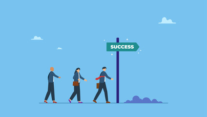 Obraz premium Business people walk to the right direction with signpost. Right direction to success, strategy or plan to go in correct path, challenge or leadership to guide career path, new opportunity.