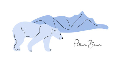 Polar Bear walking and looking down and searches for something. Bear on ice floe. Predator, Wildlife conservation. Flat Vector illustrations. Wild animal of Arctic Circle. Arctic north animal
