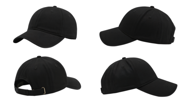 Classic black baseball cap from multiple angles for design mockups