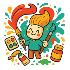 Adorable artist character painting with vibrant colors and brushes, perfect for kids' art education or creative projects, spreading joy and inspiration
