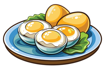 Delicious boiled and halved eggs with lettuce arranged on a blue plate look appetizing