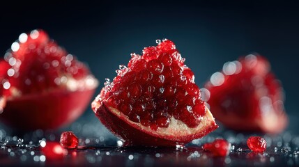 Fresh Pomegranate Segments with Juicy Seeds and Water Droplets on Dark Backdrop