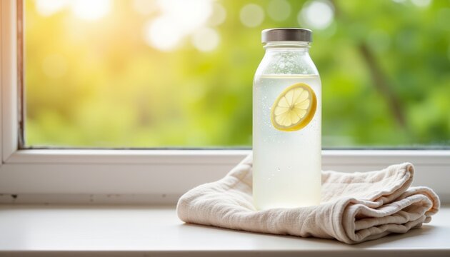 Refreshing lemon water in glass bottle on windowsill with sunlight  
