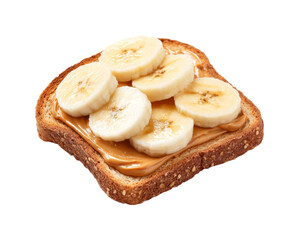 Deliciously toasted whole grain bread topped with creamy peanut butter and fresh banana slices, a perfect breakfast PNG set with transparent background