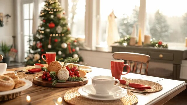 Festive Christmas brunch setup with tableware and holiday decor