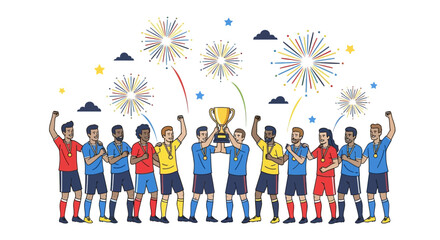 Illustration of a multicultural football team celebrating a major championship victory with a golden trophy