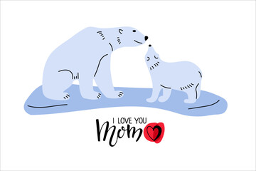 Two Polar Bears sketch and I Love You Mom text with red heart. Mother's day card. Mother and Baby Bear Flat vector illustrations for Mother's Day designs. Cute cartoon characters. Greeting card