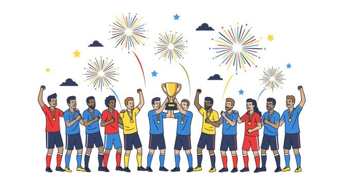 Illustration of a multicultural football team celebrating a major championship victory with a golden trophy