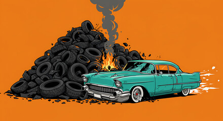 Burning Tire Pile with Classic Car