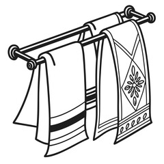 Two towels featuring distinctive stripe and floral patterns hang neatly on a black metal rack