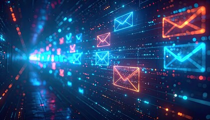Digital tunnel of glowing email symbols with data flow, communication concept