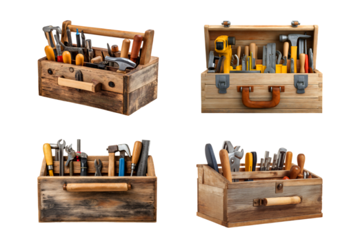 Rustic Wooden Toolbox with Classic Hand Tools: Hammers, Wrenches, and Pliers isolated on a transparent background