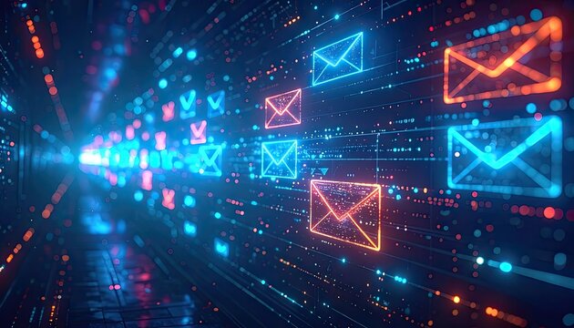 Digital tunnel of glowing email symbols with data flow, communication concept