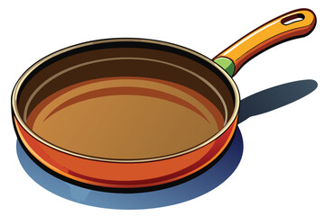 The empty frying pan displays an orange exterior with a brown interior surface and handle