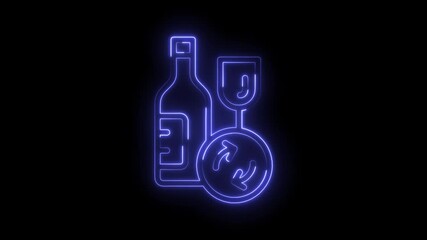 Glowing neon icon animation of wine bottle and glass for marketing or promotion