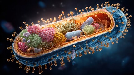 Cross-section illustration of bacterial cell showing antibiotic mechanism of action, educational medical diagram, labeled parts, professional scientific art style