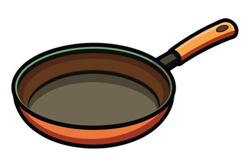 An empty orange skillet with black rim and brown interior rests on a white backdrop