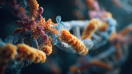 Naklejka premium Detailed visualization of bacterial mutation leading to antibiotic resistance, DNA strand highlighted, microscopic view, vibrant scientific illustration