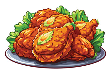 Golden fried chicken pieces arranged on a blue plate with lettuce vector