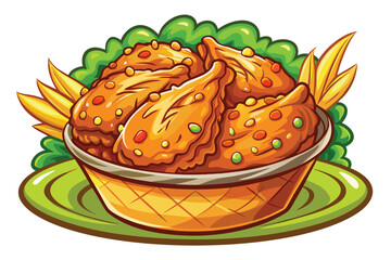 Crunchy orange chicken pieces sit inside a wicker basket placed on a green plate