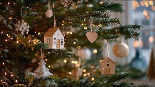 Brightly decorated Christmas tree adorned with wooden ornaments and soft lights near a window