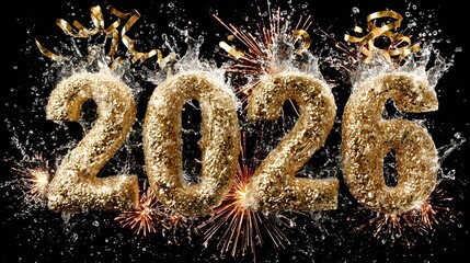 Vibrant 3D golden &ldquo;2026&rdquo; exploding with fireworks, streamers, and celebratory champagne splash