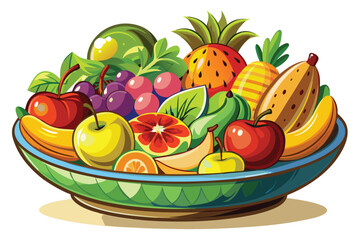 Vibrant assortment of fresh fruits like grapes, apples, bananas, and pineapple in a beautifully decorated bowl