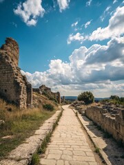 Fototapeta premium Ancient Stone Pathway and Ruins Under Bright Cloudy Blue Sky