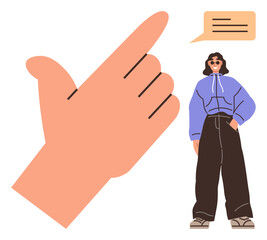 Large hand pointing next to casually dressed woman in wide pants and hoodie, with speech bubble above her. Ideal for communication, activism, expression, confidence, interaction, creativity, casual