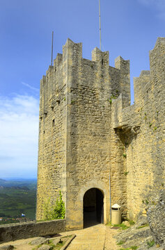 Ancient fortress of San Marino, towers of medieval fortifications on top of the hill Mount Titano - UNESCO World Heritage Site