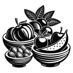 Three bowls overflow with distinct fruits and lush leaves, all rendered in bold monochrome style