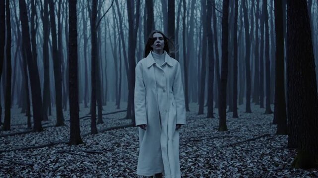 Femme en manteau blanc seule dans une for&ecirc;t brumeuse