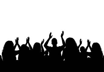 Silhouetted crowd of people raising hands and clapping, celebrating and showing appreciation.