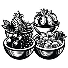 Four black and white bowls showcase diverse fruits arranged meticulously in a delightful display