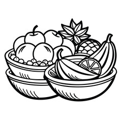 Black outlined fruit overflowing from stacked bowls showcases apples, bananas, pineapple and orange